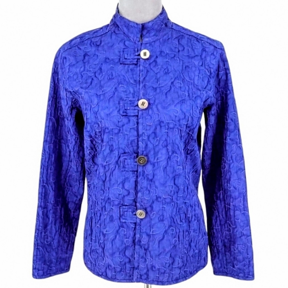 Chico's Cobalt Blue Textured Jacket Mandarin Collar Nehru-Frog Button
